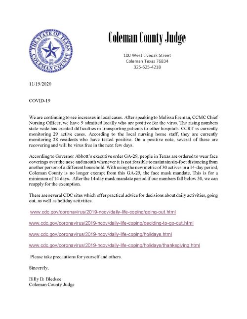Press Release by Judge Billy Bledsoe about COVID-19 Mask Mandate